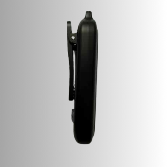 Side view showing sturdy clip of black personal safety alarm.